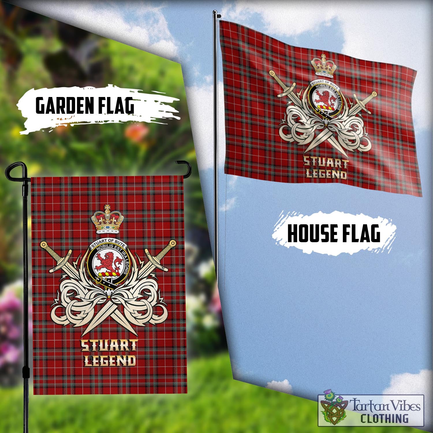 Tartan Vibes Clothing Stuart of Bute Tartan Flag with Clan Crest and the Golden Sword of Courageous Legacy