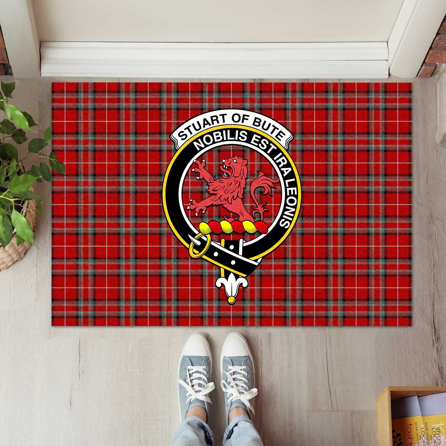 Stuart of Bute Tartan Door Mat with Family Crest - Tartanvibesclothing Shop