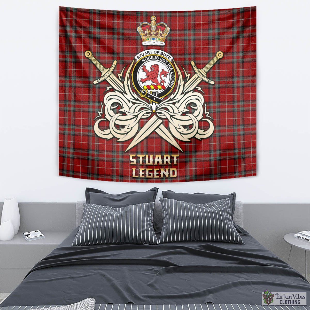 Tartan Vibes Clothing Stuart of Bute Tartan Tapestry with Clan Crest and the Golden Sword of Courageous Legacy