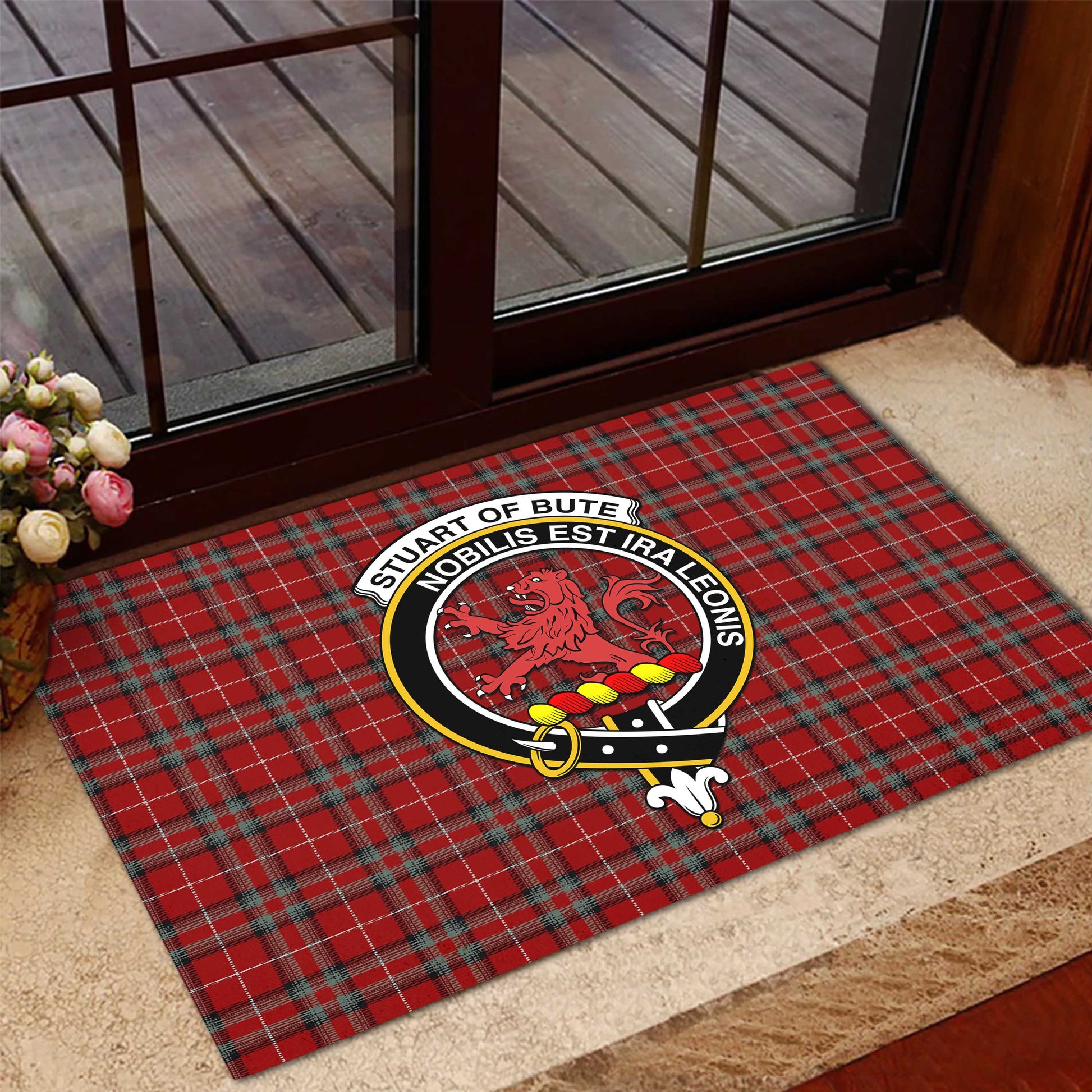 Stuart of Bute Tartan Door Mat with Family Crest - Tartanvibesclothing Shop