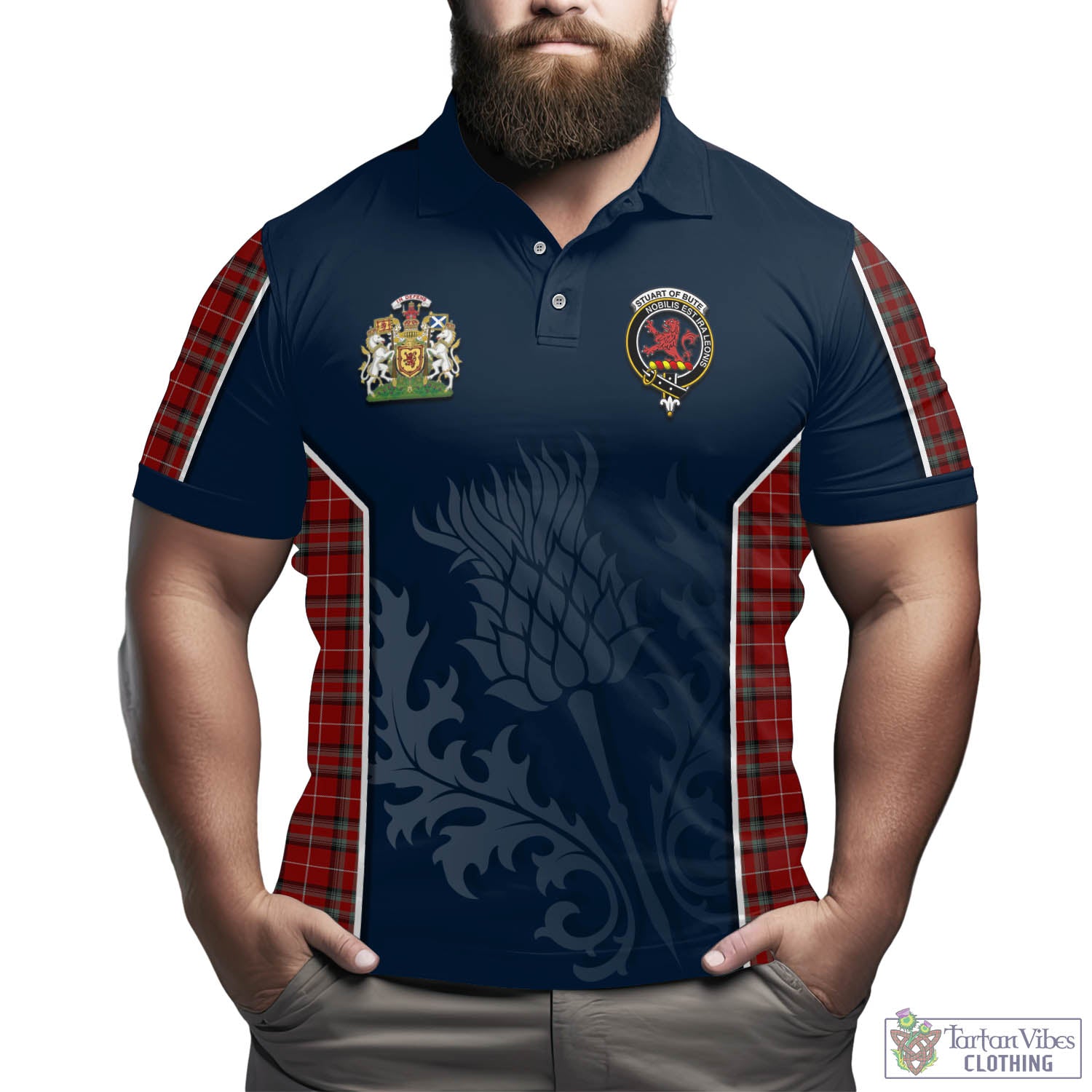 Tartan Vibes Clothing Stuart of Bute Tartan Men's Polo Shirt with Family Crest and Scottish Thistle Vibes Sport Style
