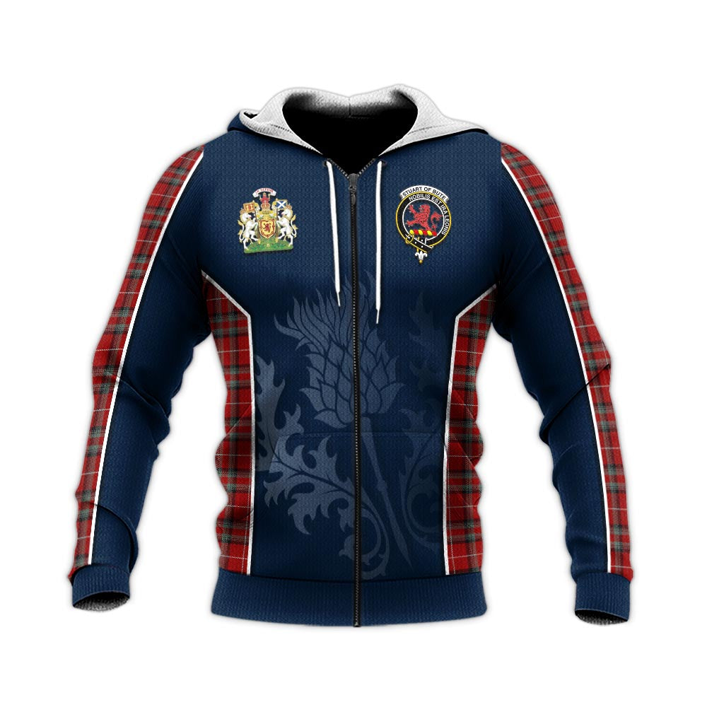 Tartan Vibes Clothing Stuart of Bute Tartan Knitted Hoodie with Family Crest and Scottish Thistle Vibes Sport Style