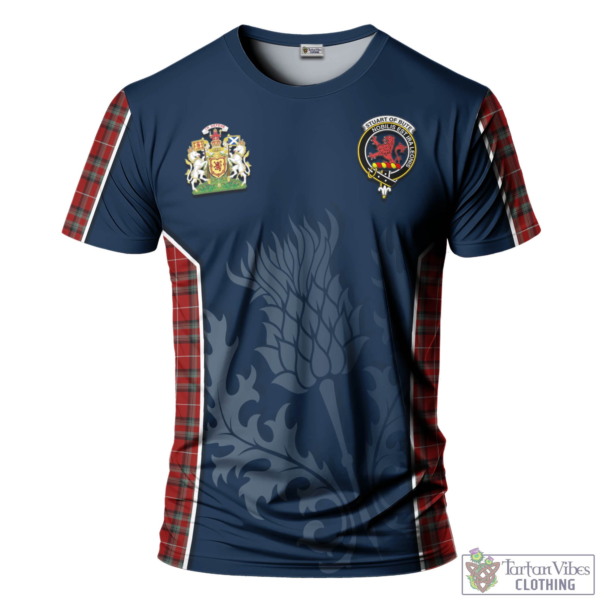 Tartan Vibes Clothing Stuart of Bute Tartan T-Shirt with Family Crest and Scottish Thistle Vibes Sport Style