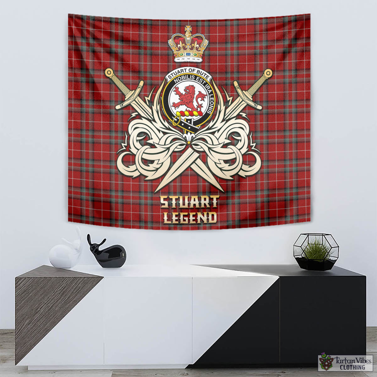 Tartan Vibes Clothing Stuart of Bute Tartan Tapestry with Clan Crest and the Golden Sword of Courageous Legacy