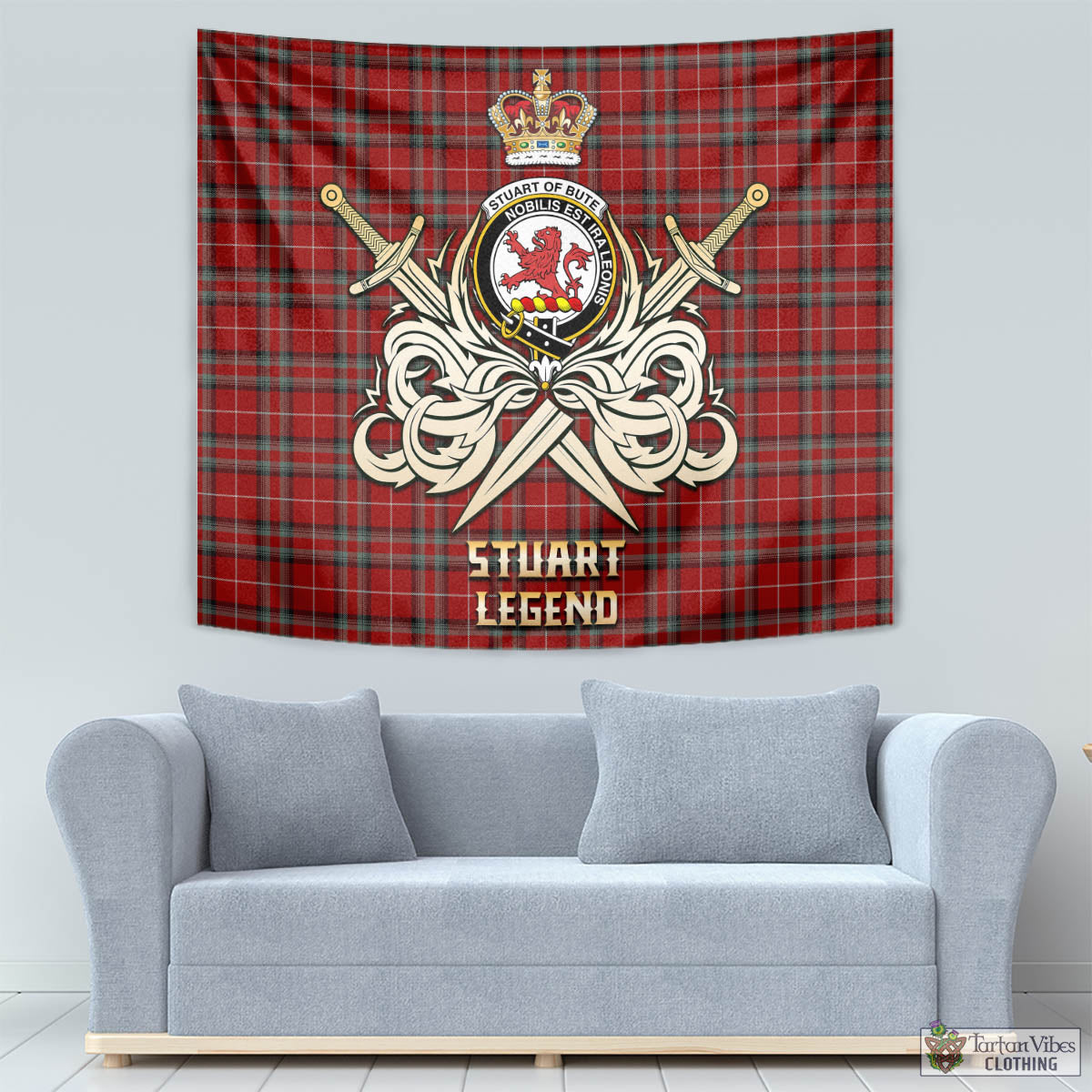 Tartan Vibes Clothing Stuart of Bute Tartan Tapestry with Clan Crest and the Golden Sword of Courageous Legacy