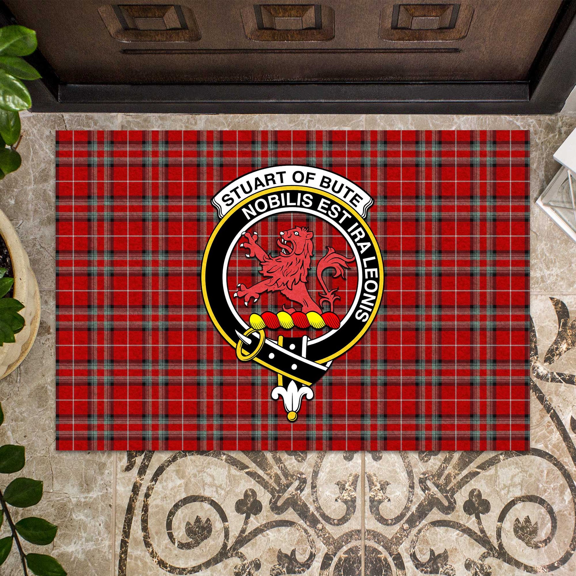 Stuart of Bute Tartan Door Mat with Family Crest - Tartanvibesclothing Shop