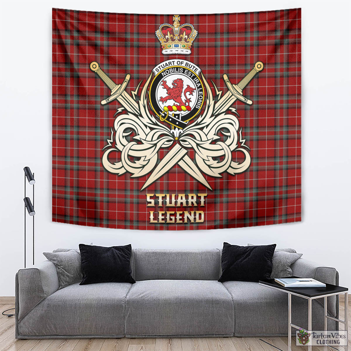 Tartan Vibes Clothing Stuart of Bute Tartan Tapestry with Clan Crest and the Golden Sword of Courageous Legacy