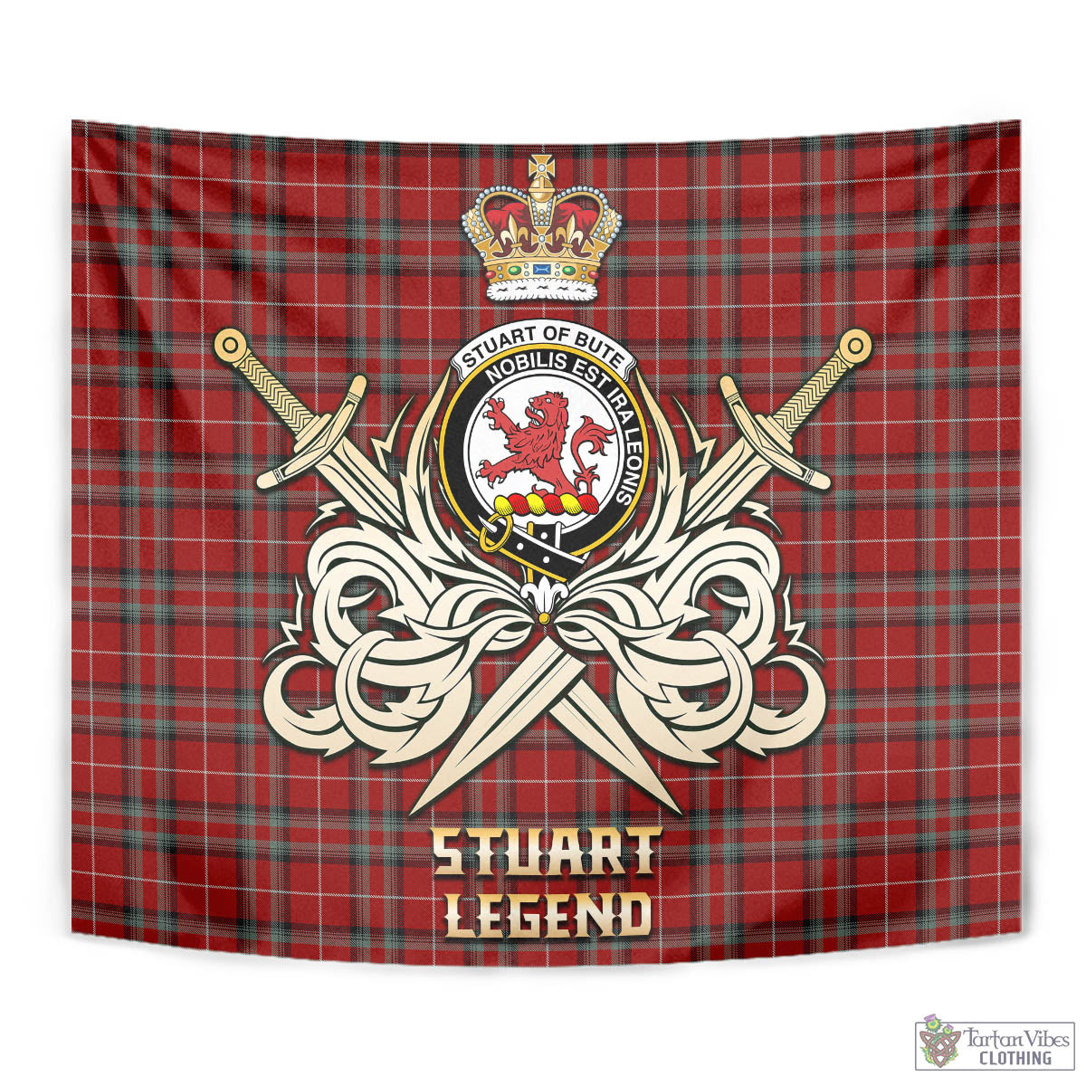 Tartan Vibes Clothing Stuart of Bute Tartan Tapestry with Clan Crest and the Golden Sword of Courageous Legacy