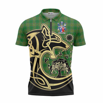 Studdert Irish Tartan Zipper Polo Shirt with Coat of Arms Celtic Wolf Style