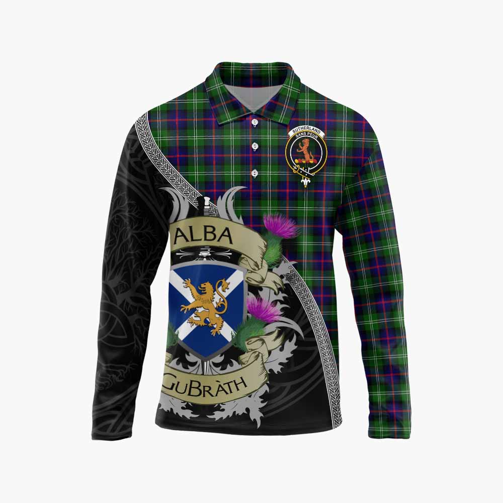 Tartan Vibes Clothing Sutherland Tartan Family Crest Long Sleeve Polo Shirt Lion Rampant Royal Thistle Shield Celtic Inspired
