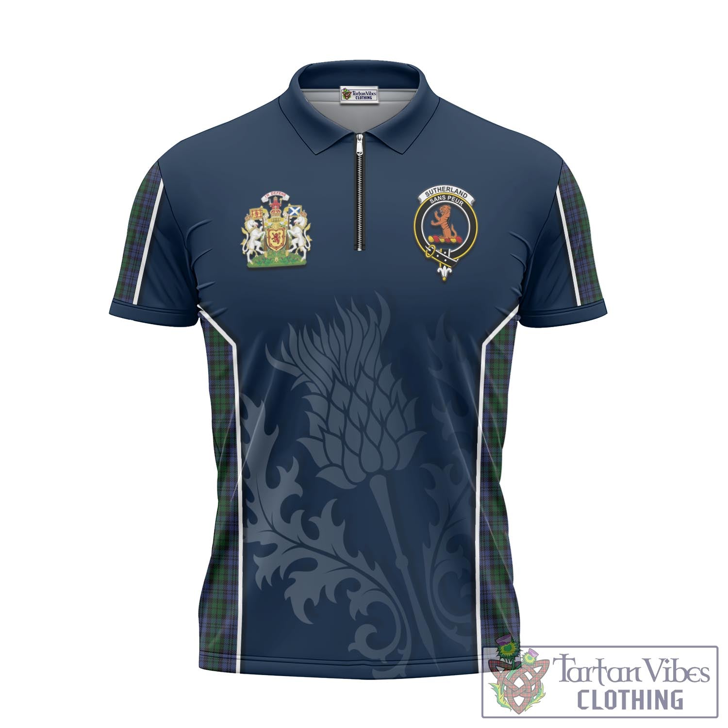 Tartan Vibes Clothing Sutherland Tartan Zipper Polo Shirt with Family Crest and Scottish Thistle Vibes Sport Style