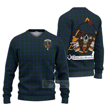 Sutherland Tartan Ugly Sweater with Family Crest and Bearded Skull Holding Bottles of Whiskey