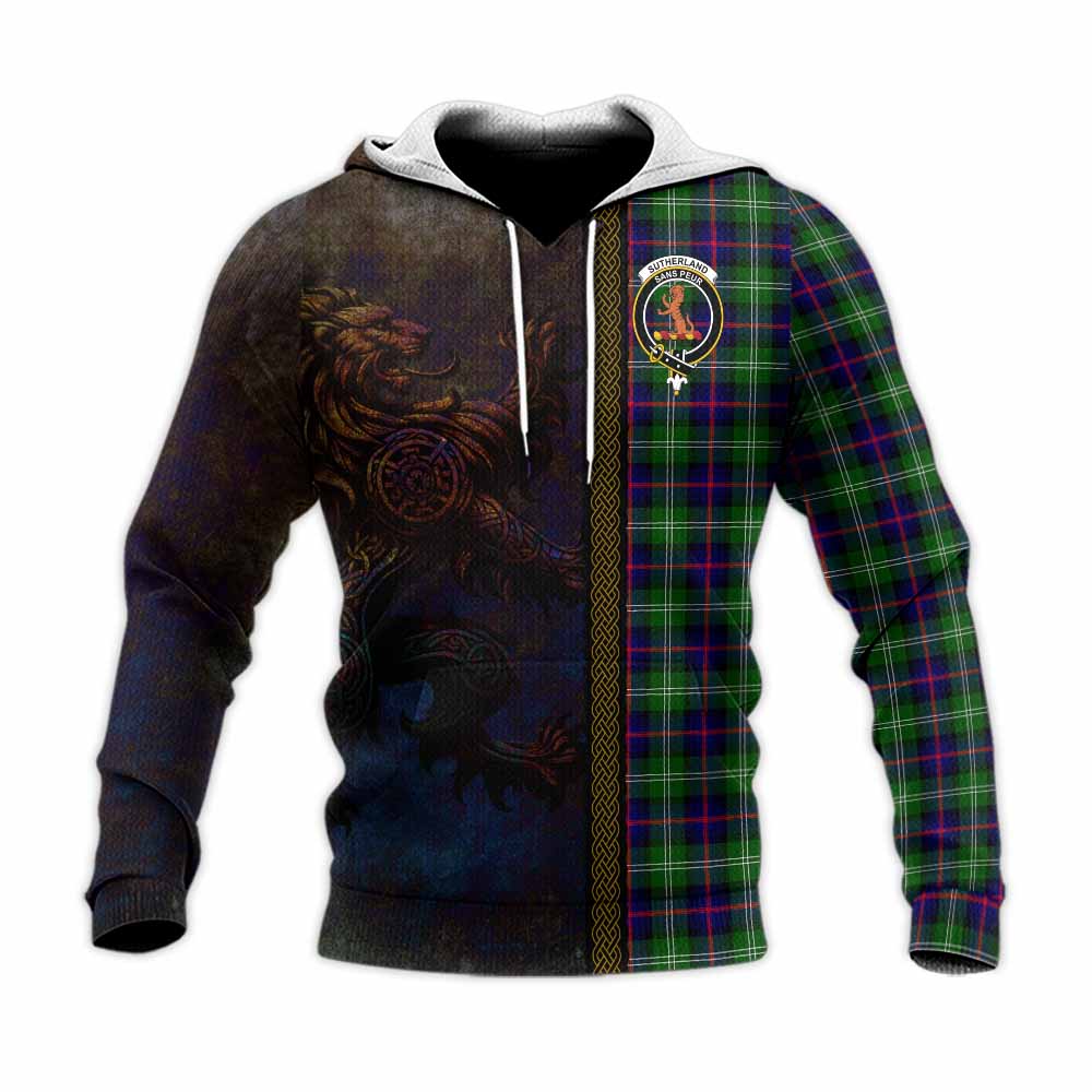 Tartan Vibes Clothing Sutherland Tartan Family Crest Knitted Hoodie Alba Gu Brath Be Brave Lion Ancient Style