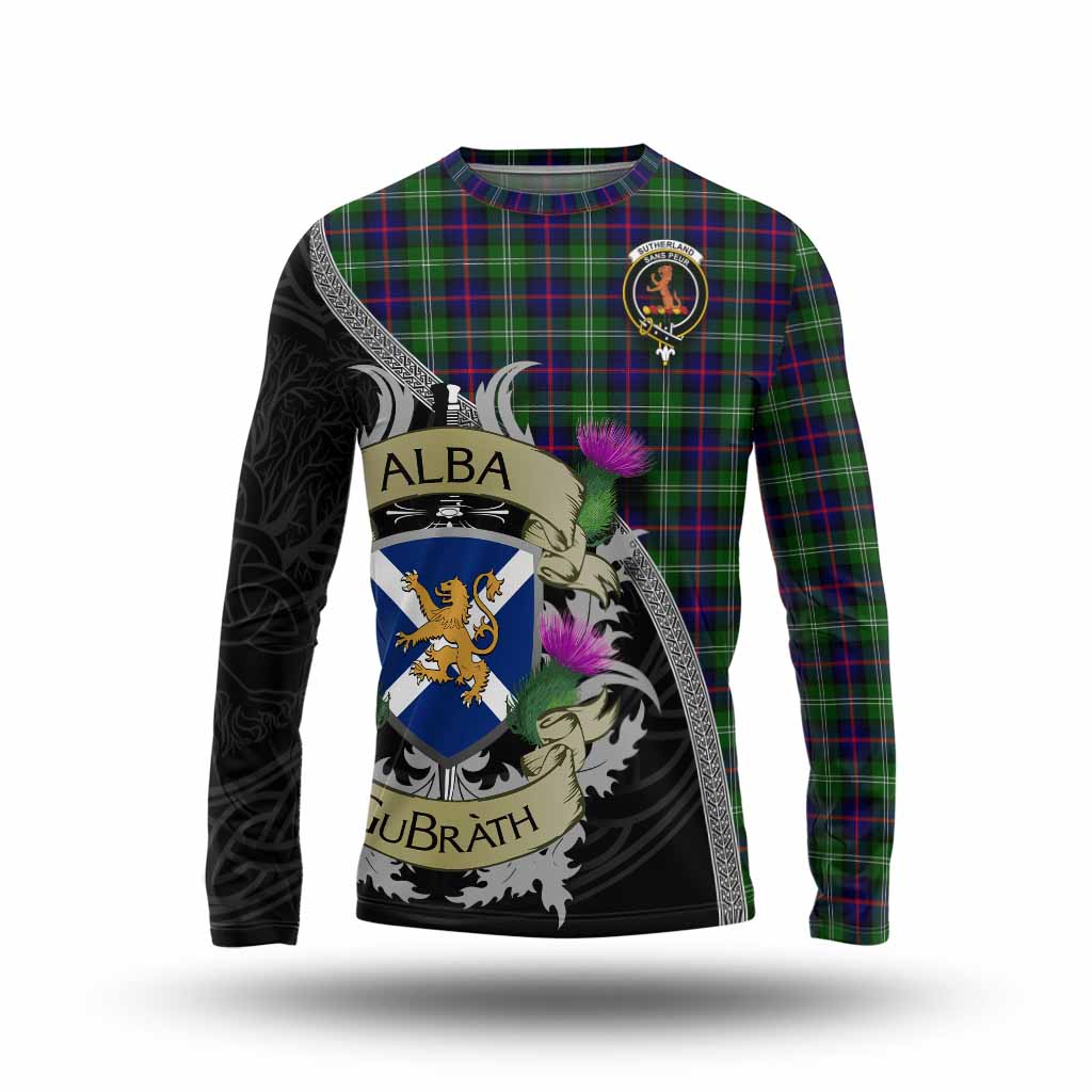 Tartan Vibes Clothing Sutherland Tartan Family Crest Long Sleeve T-Shirt Lion Rampant Royal Thistle Shield Celtic Inspired