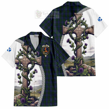 Sutherland Tartan Hawaiian Shirt with Family Crest and St. Andrew's Cross Accented by Thistle Vines
