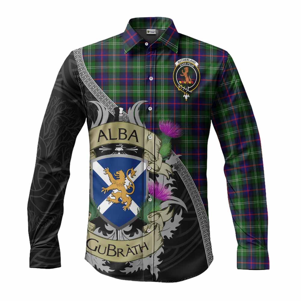 Tartan Vibes Clothing Sutherland Tartan Family Crest Long Sleeve Button Shirt Lion Rampant Royal Thistle Shield Celtic Inspired