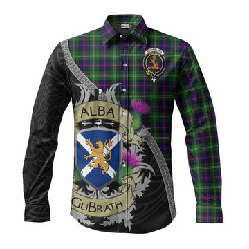 Sutherland Tartan Family Crest Long Sleeve Button Shirt Lion Rampant Royal Thistle Shield Celtic Inspired