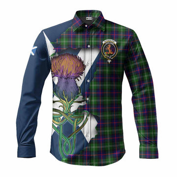 Sutherland Tartan Family Crest Long Sleeve Button Shirt Scottish Thistle Celtic Inspired