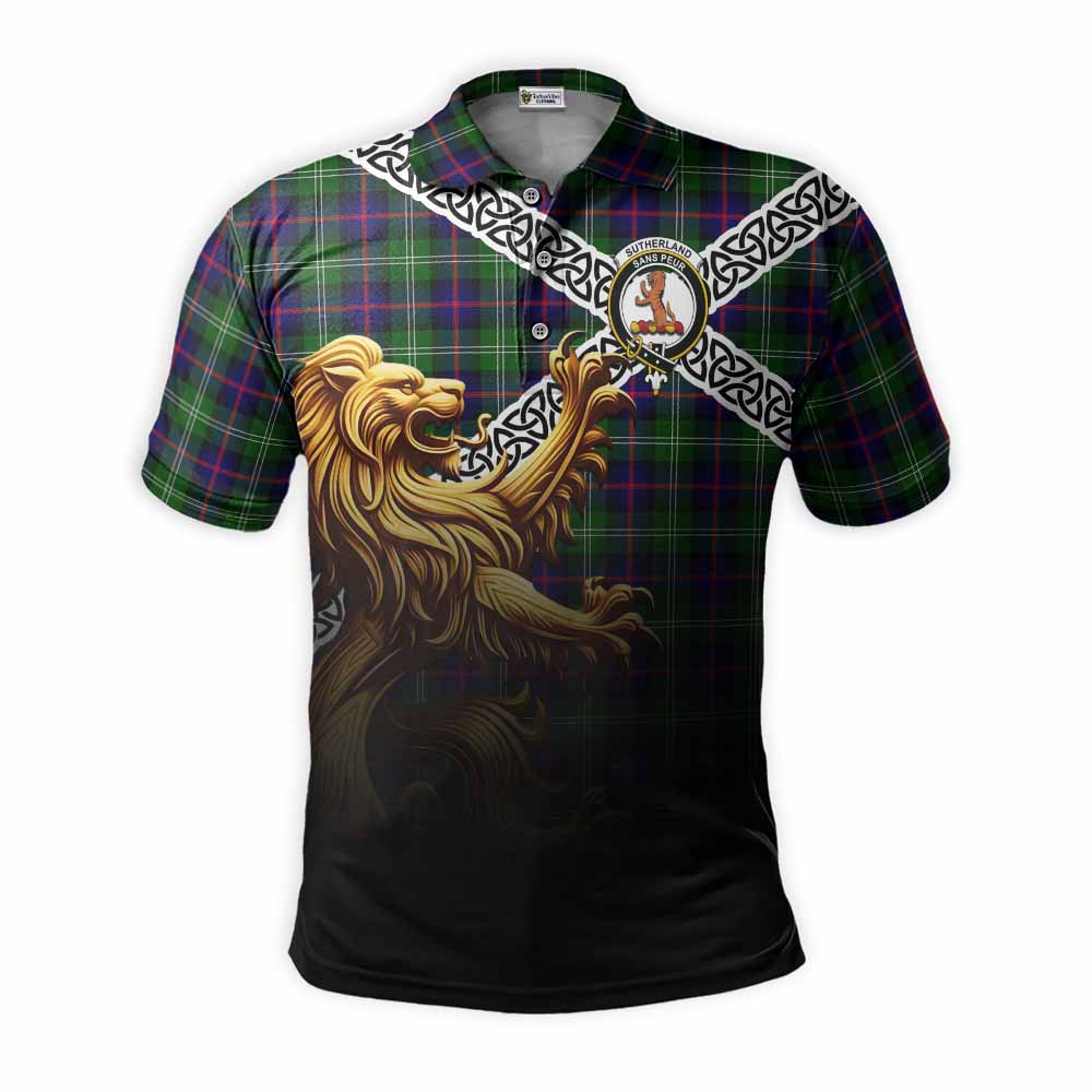 Tartan Vibes Clothing Sutherland Crest Tartan Polo Shirt with Golden Lion Emblem Celtic Style