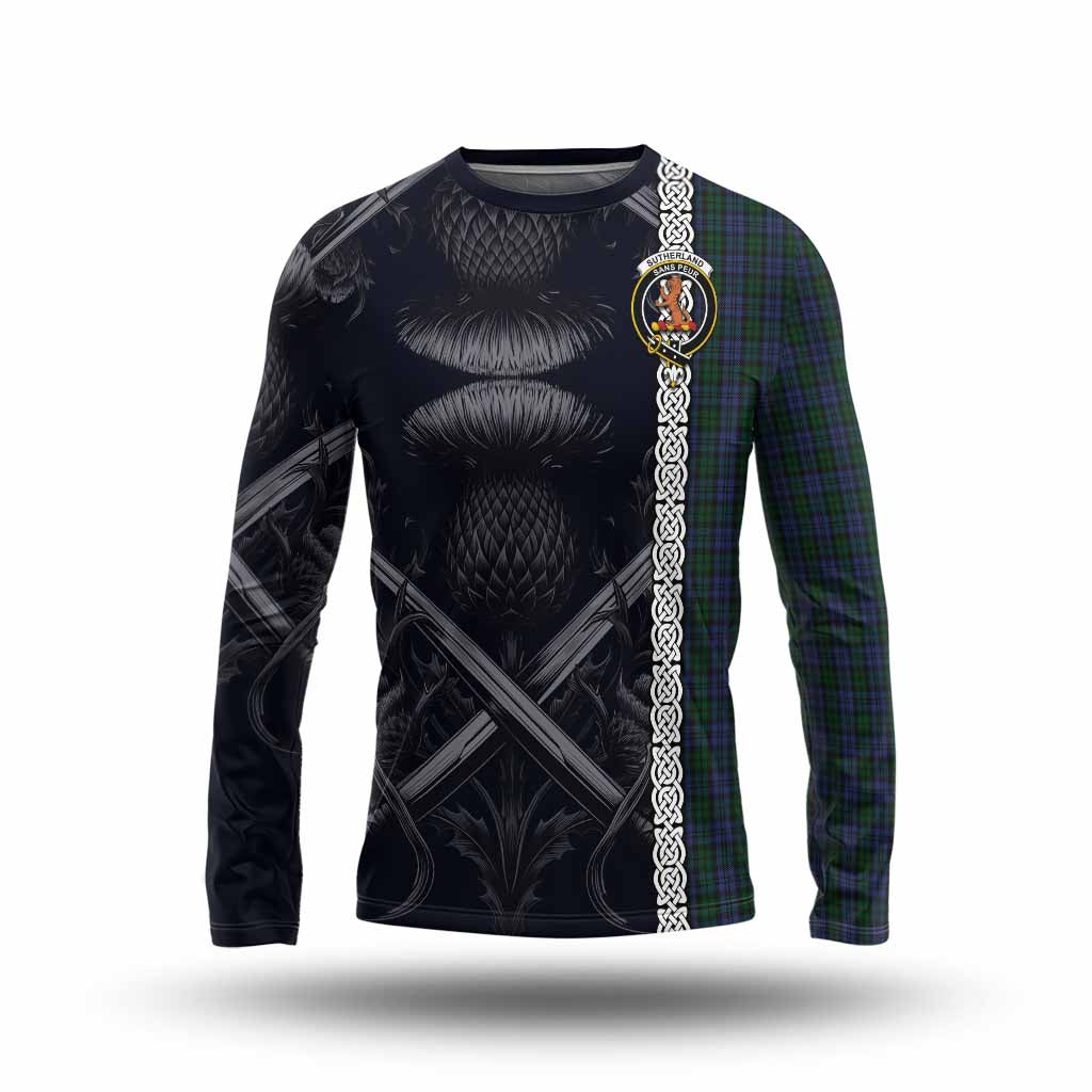 Tartan Vibes Clothing Sutherland Tartan Long Sleeve T-Shirt with Family Crest Cross Sword Thistle Celtic Vibes