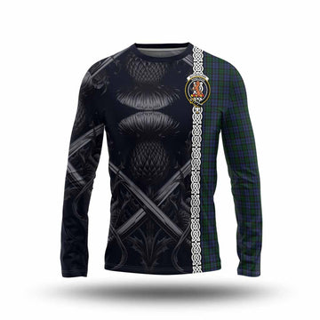 Tartan Vibes Clothing Sutherland Tartan Long Sleeve T-Shirt with Family Crest Cross Sword Thistle Celtic Vibes