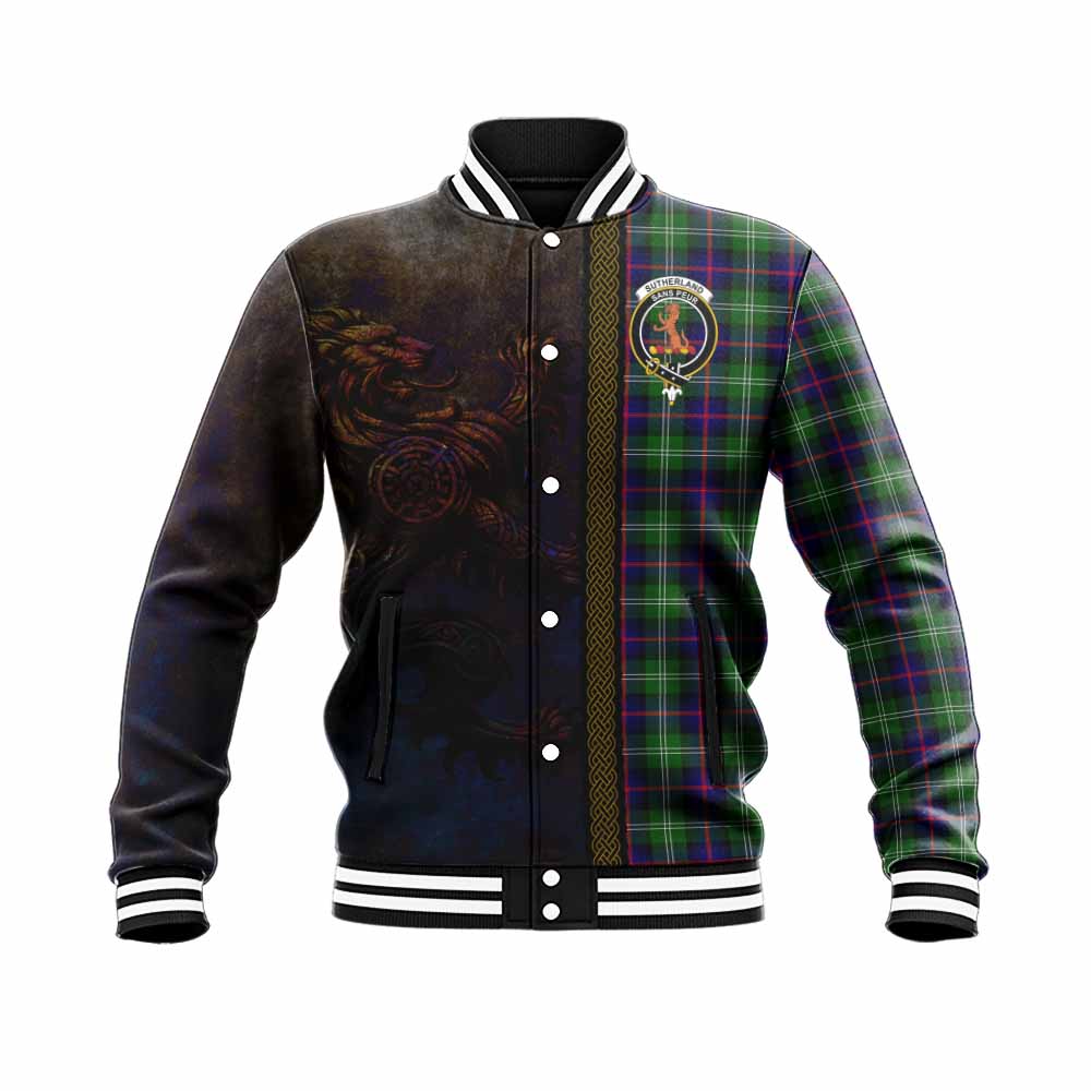 Tartan Vibes Clothing Sutherland Tartan Family Crest Baseball Jacket Alba Gu Brath Be Brave Lion Ancient Style
