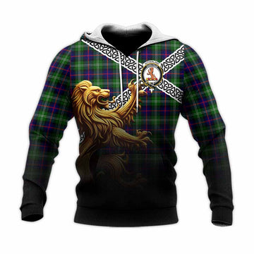 Sutherland Crest Tartan Knitted Hoodie with Golden Lion Emblem Celtic Style