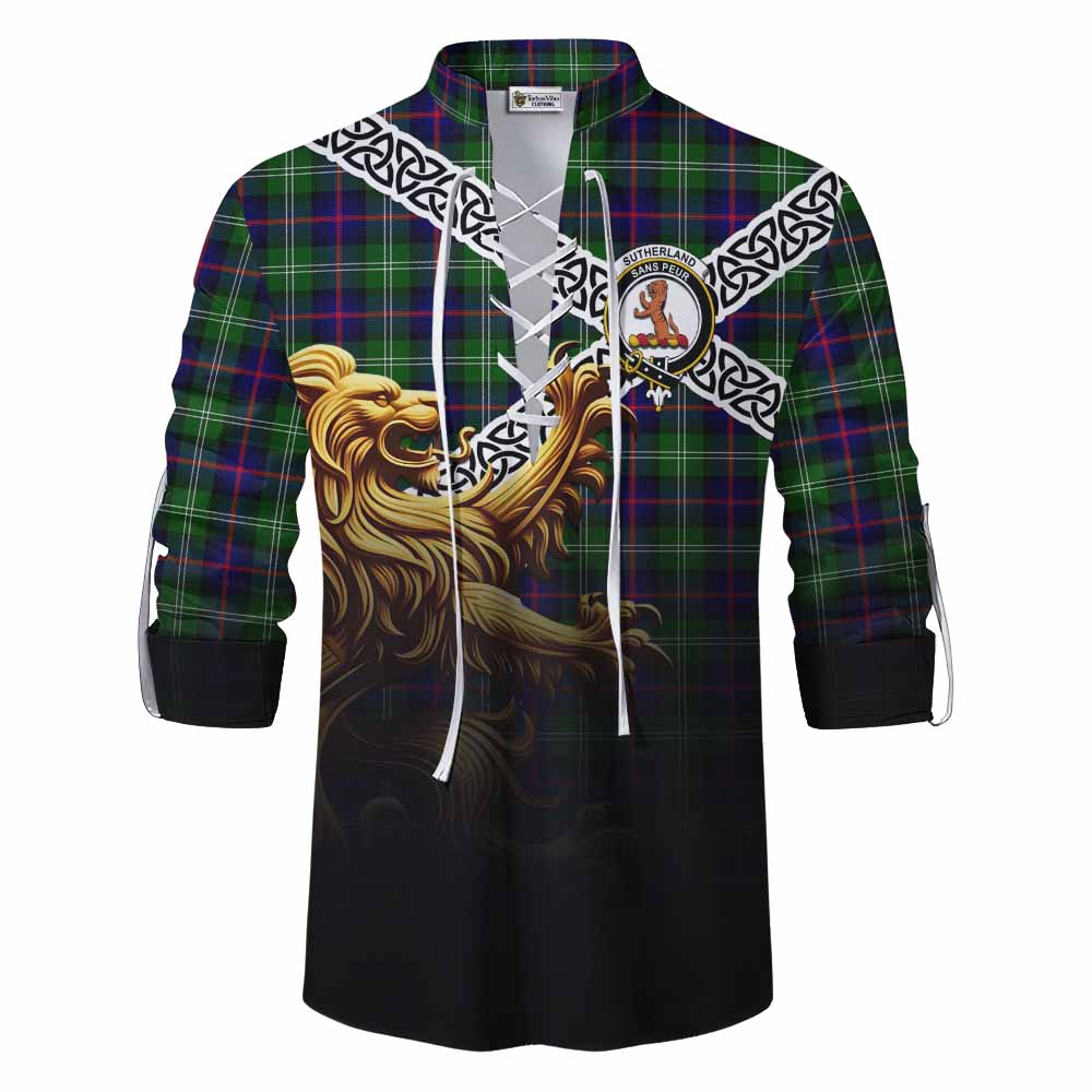 Tartan Vibes Clothing Sutherland Crest Tartan Ghillie Kilt Shirt with Golden Lion Emblem Celtic Style