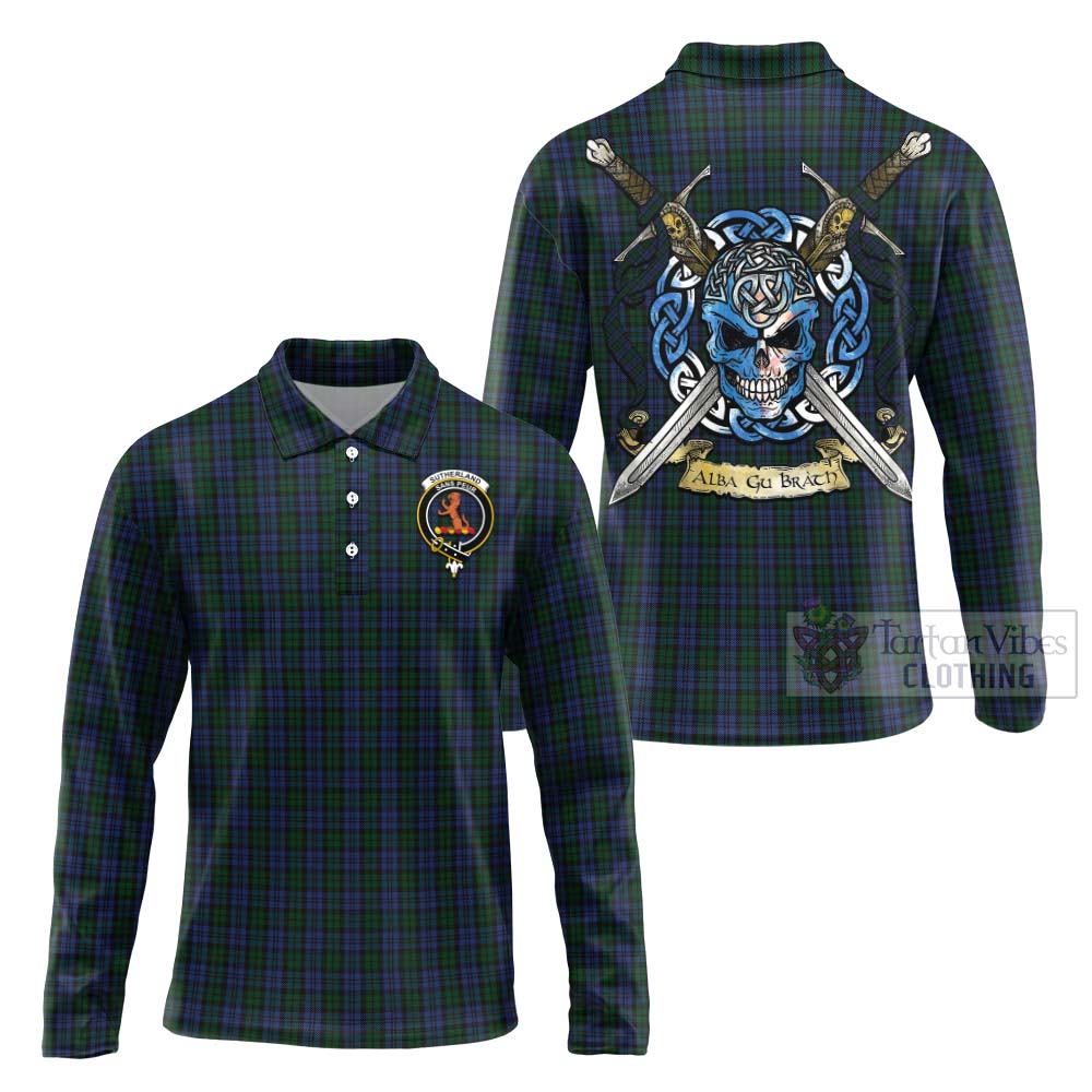 Tartan Vibes Clothing Sutherland Tartan Long Sleeve Polo Shirt with Family Crest Celtic Skull Style