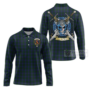 Tartan Vibes Clothing Sutherland Tartan Long Sleeve Polo Shirt with Family Crest Celtic Skull Style