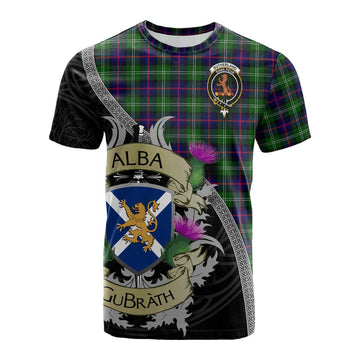 Sutherland Tartan Family Crest Cotton T-shirt Lion Rampant Royal Thistle Shield Celtic Inspired