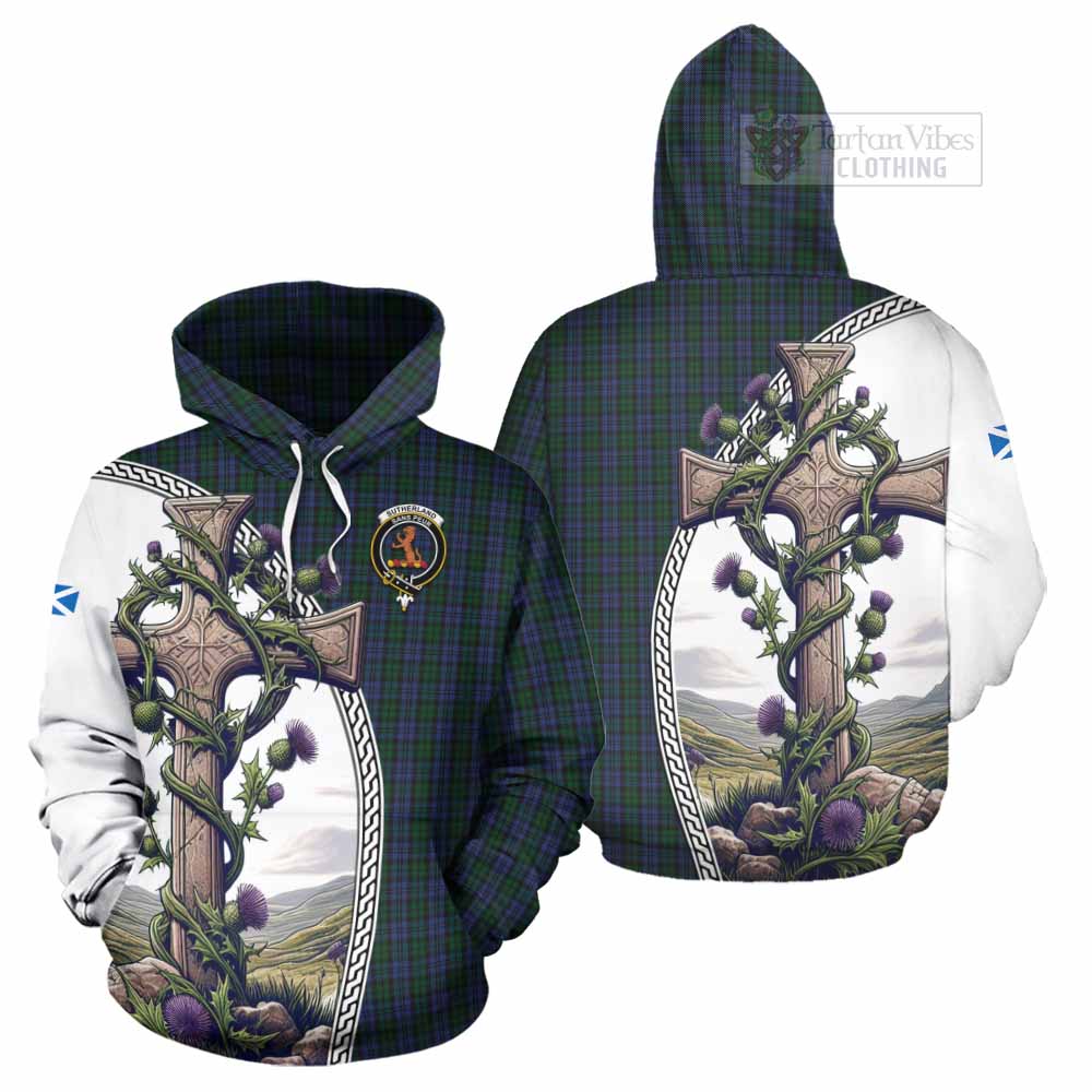 Tartan Vibes Clothing Sutherland Tartan Hoodie with Family Crest and St. Andrew's Cross Accented by Thistle Vines