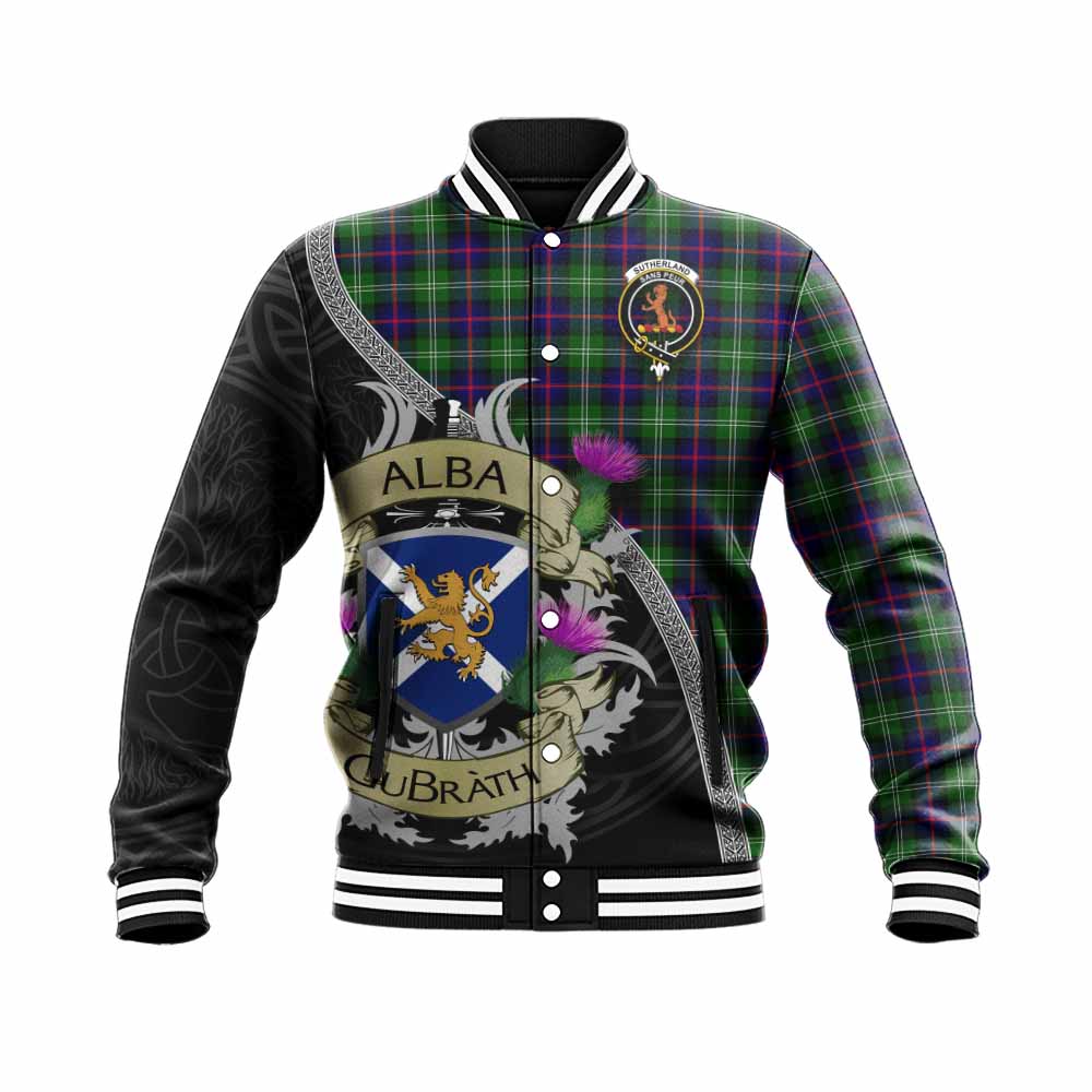 Sutherland Tartan Family Crest Baseball Jacket Lion Rampant Royal Thistle Shield Celtic Inspired Unisex - Tartan Vibes Clothing