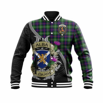 Sutherland Tartan Family Crest Baseball Jacket Lion Rampant Royal Thistle Shield Celtic Inspired