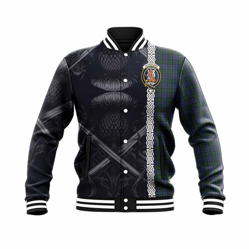 Tartan Vibes Clothing Sutherland Tartan Baseball Jacket with Family Crest Cross Sword Thistle Celtic Vibes