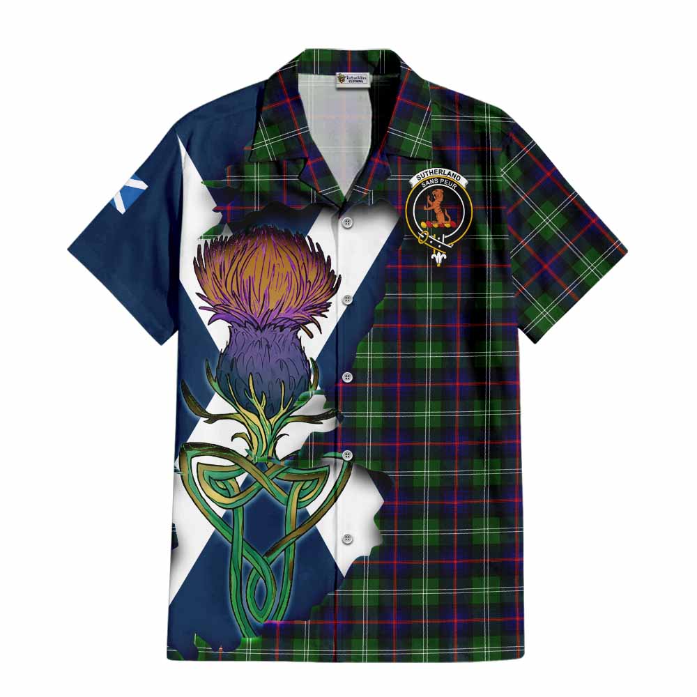Tartan Vibes Clothing Sutherland Tartan Family Crest Short Sleeve Button Shirt Scottish Thistle Celtic Inspired