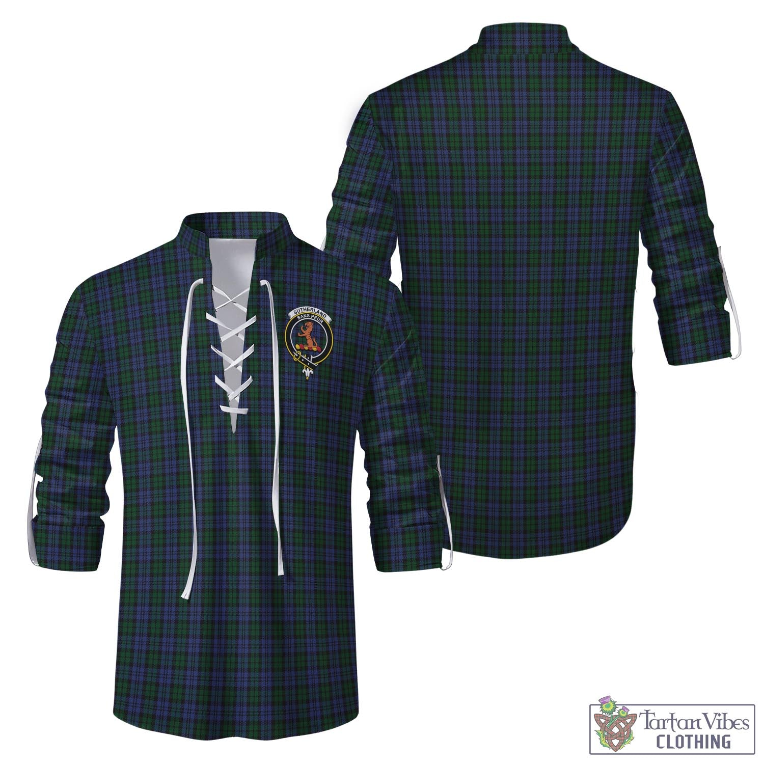 Tartan Vibes Clothing Sutherland Tartan Men's Scottish Traditional Jacobite Ghillie Kilt Shirt with Family Crest