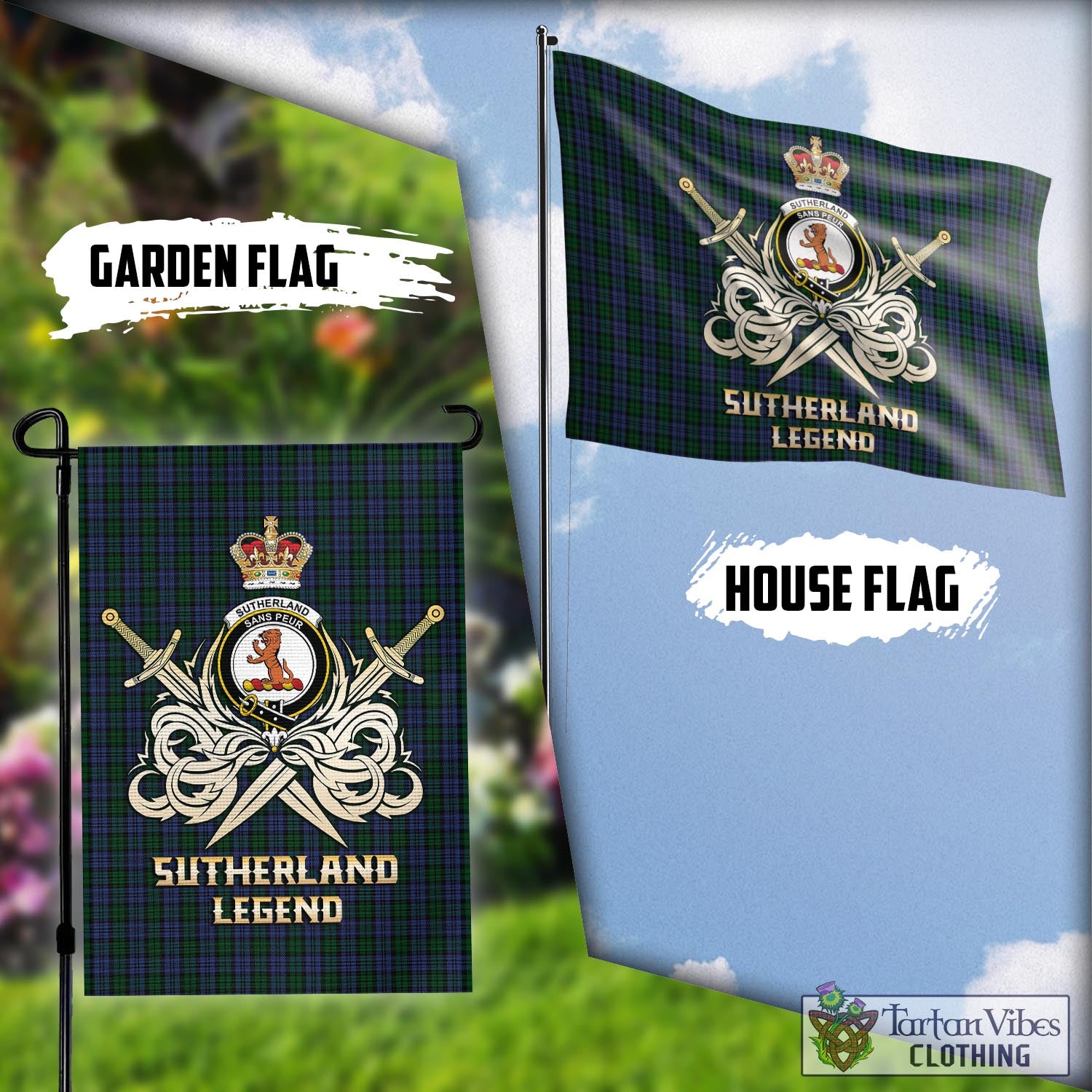 Tartan Vibes Clothing Sutherland Tartan Flag with Clan Crest and the Golden Sword of Courageous Legacy