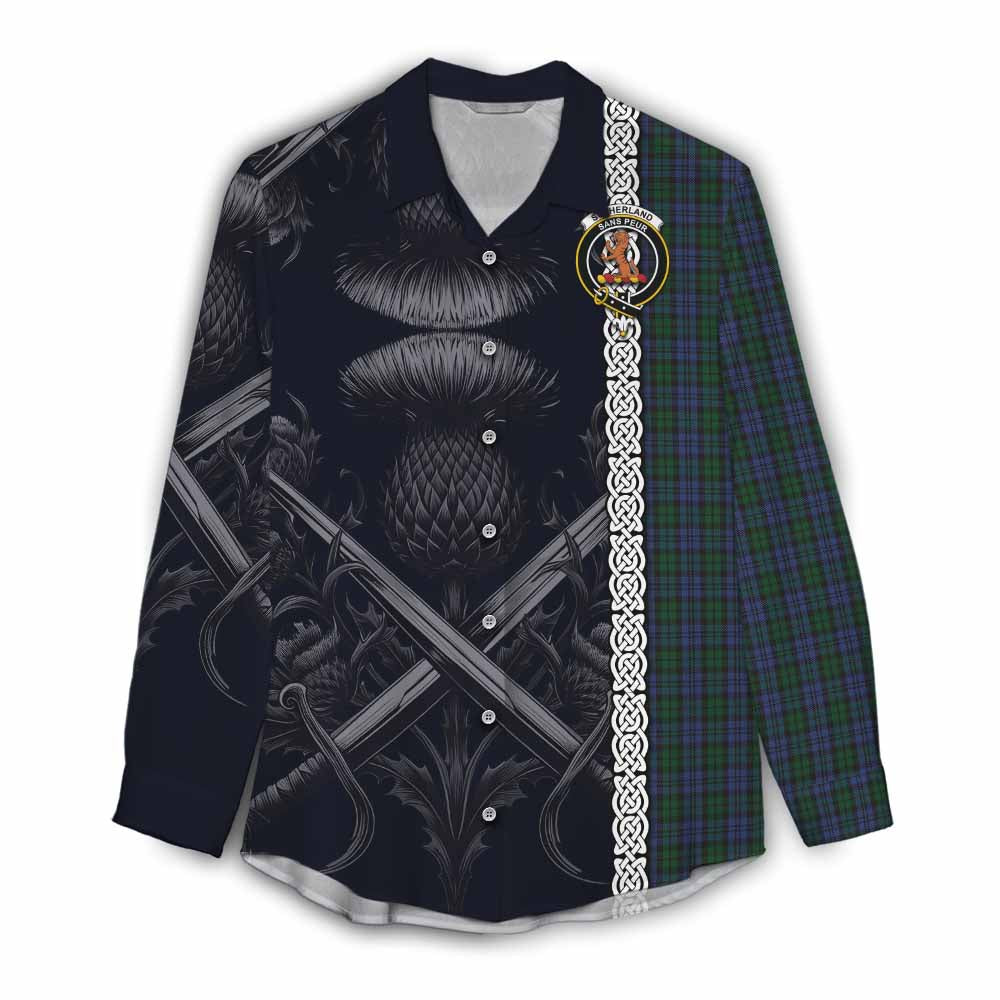 Tartan Vibes Clothing Sutherland Tartan Women's Casual Shirt with Family Crest Cross Sword Thistle Celtic Vibes