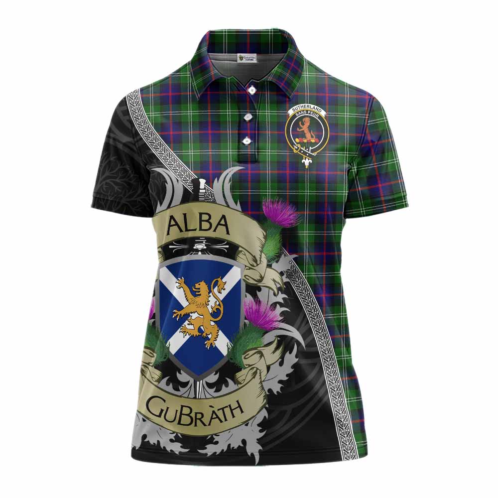 Tartan Vibes Clothing Sutherland Tartan Family Crest Women's Polo Shirt Lion Rampant Royal Thistle Shield Celtic Inspired
