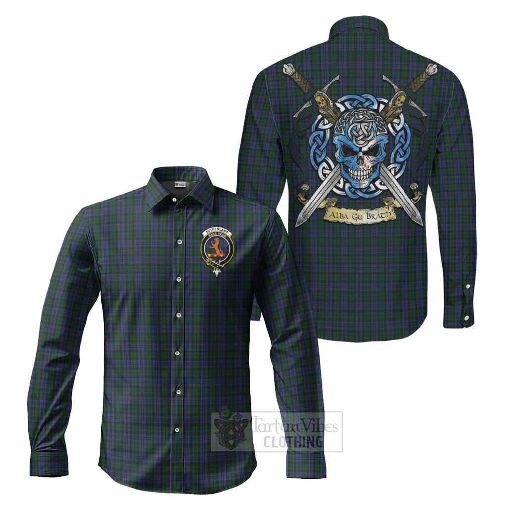 Tartan Vibes Clothing Sutherland Tartan Long Sleeve Button Shirt with Family Crest Celtic Skull Style