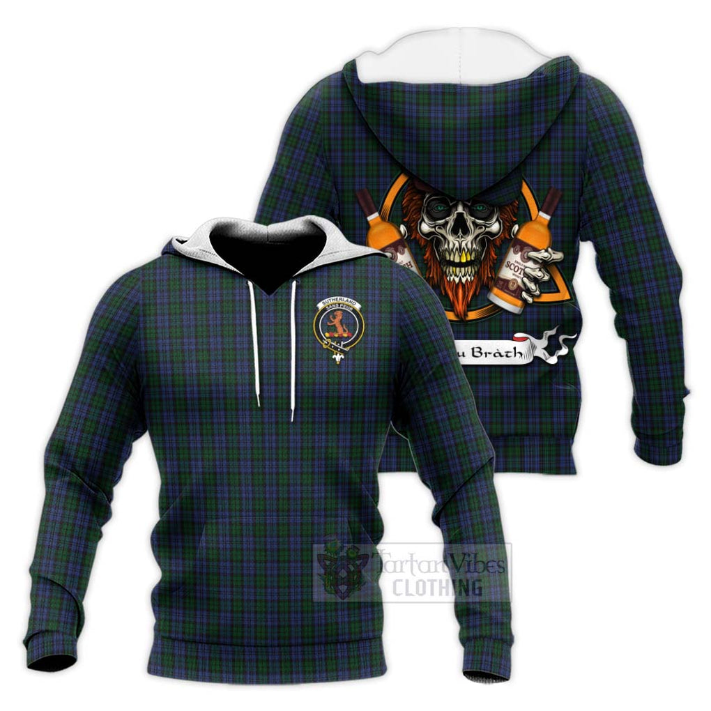 Tartan Vibes Clothing Sutherland Tartan Knitted Hoodie with Family Crest and Bearded Skull Holding Bottles of Whiskey