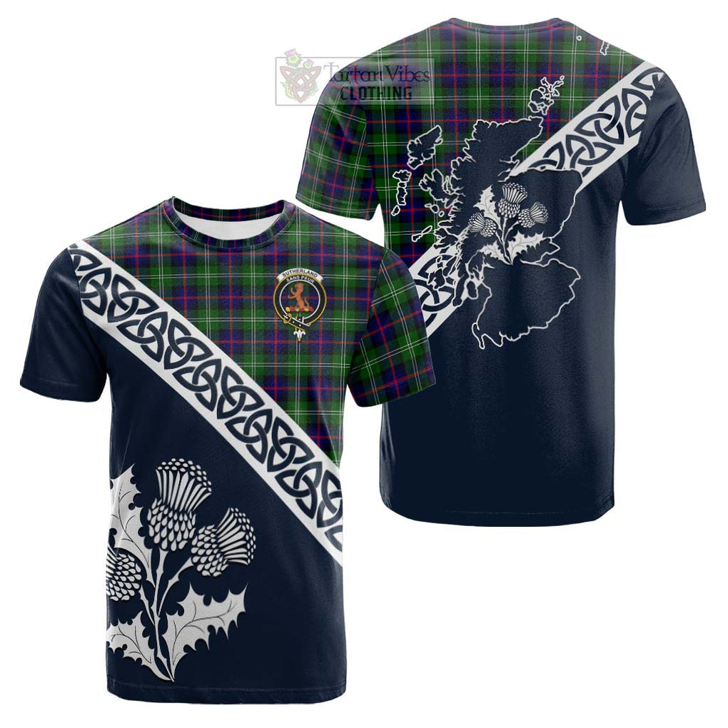 Tartan Vibes Clothing Sutherland Tartan Cotton T-shirt Featuring Thistle and Scotland Map