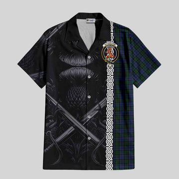 Sutherland Tartan Hawaiian Shirt with Family Crest Cross Sword Thistle Celtic Vibes
