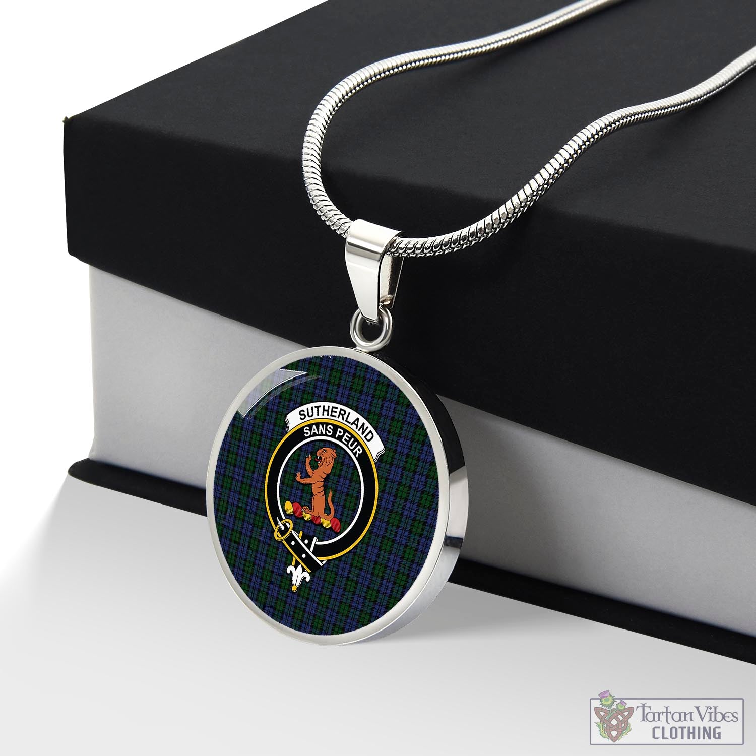 Tartan Vibes Clothing Sutherland Tartan Circle Necklace with Family Crest