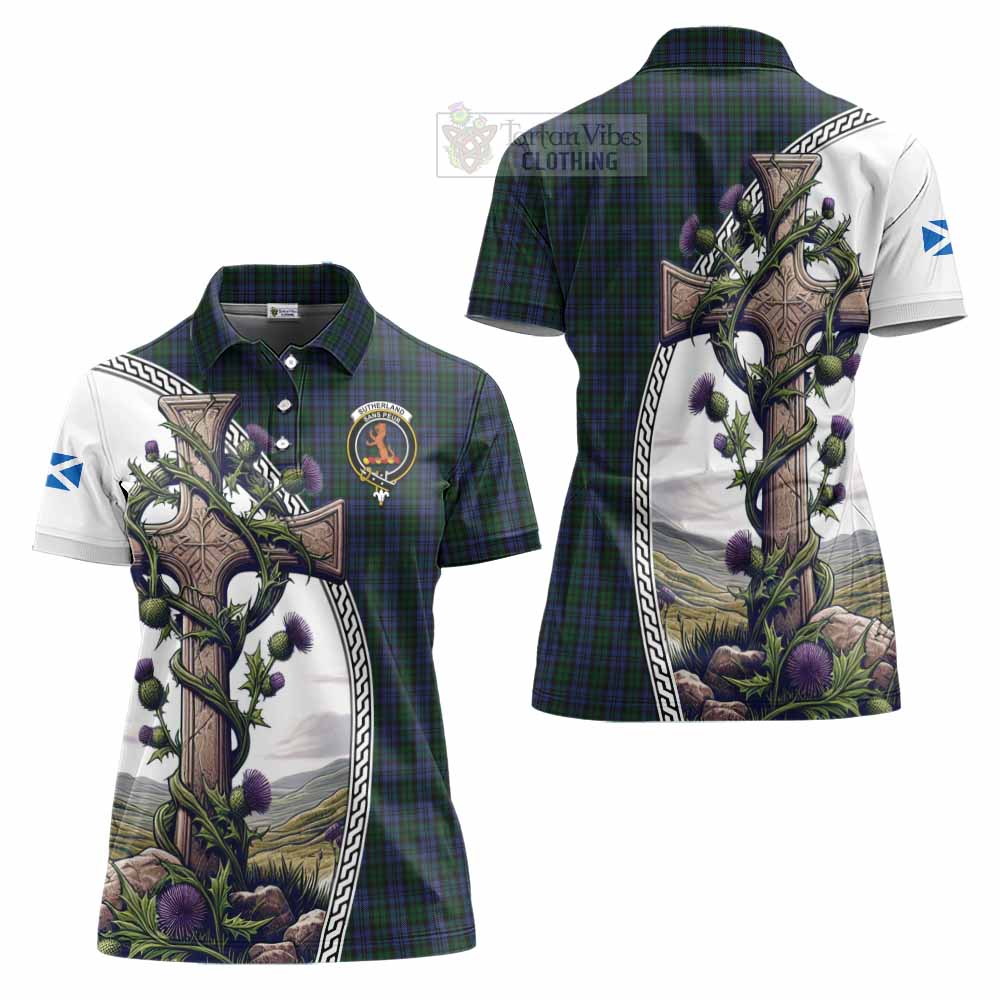 Tartan Vibes Clothing Sutherland Tartan Women's Polo Shirt with Family Crest and St. Andrew's Cross Accented by Thistle Vines