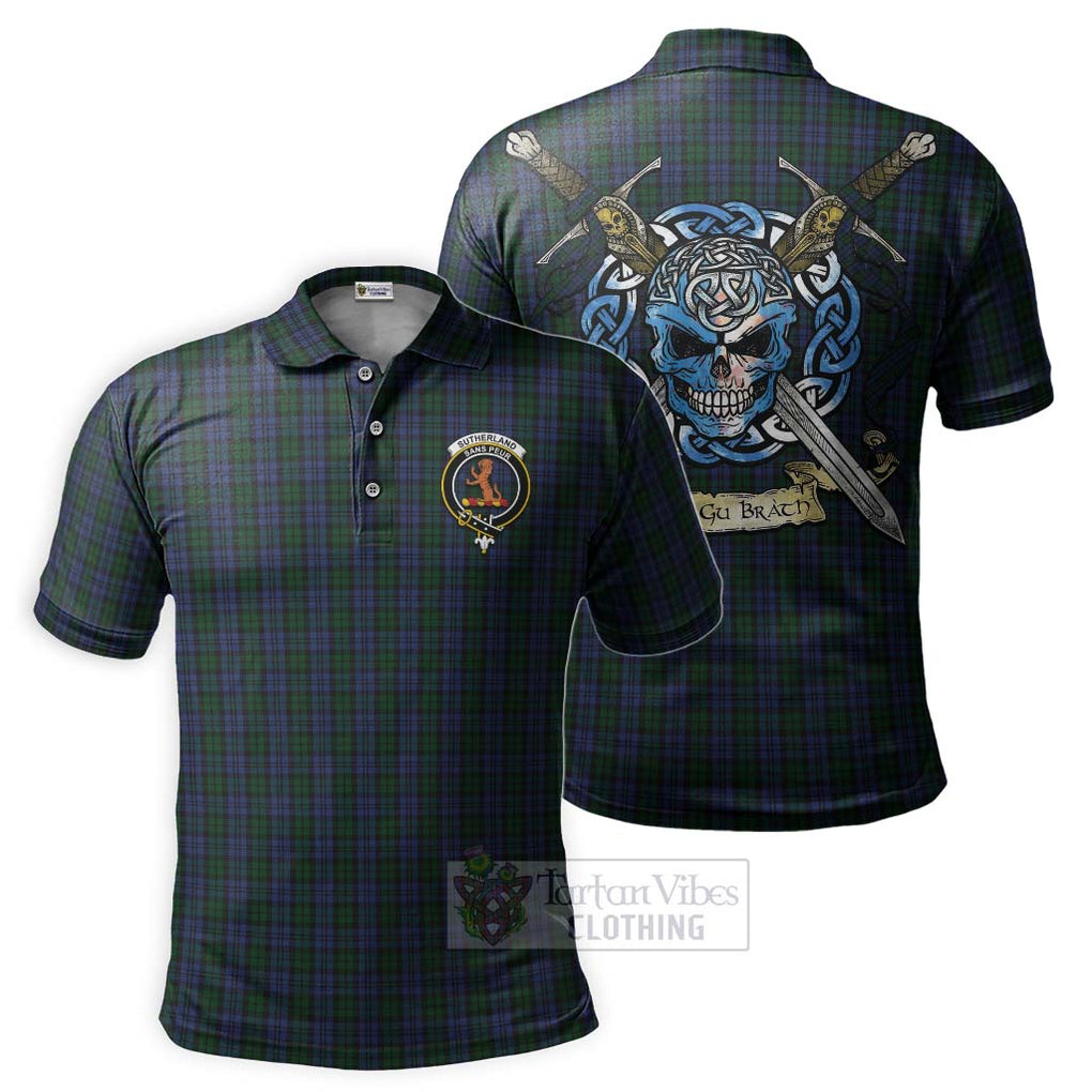 Tartan Vibes Clothing Sutherland Tartan Polo Shirt with Family Crest Celtic Skull Style