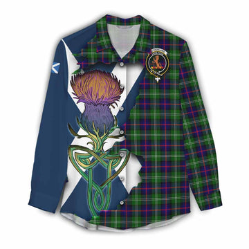 Tartan Vibes Clothing Sutherland Tartan Family Crest Women's Casual Shirt Scottish Thistle Celtic Inspired