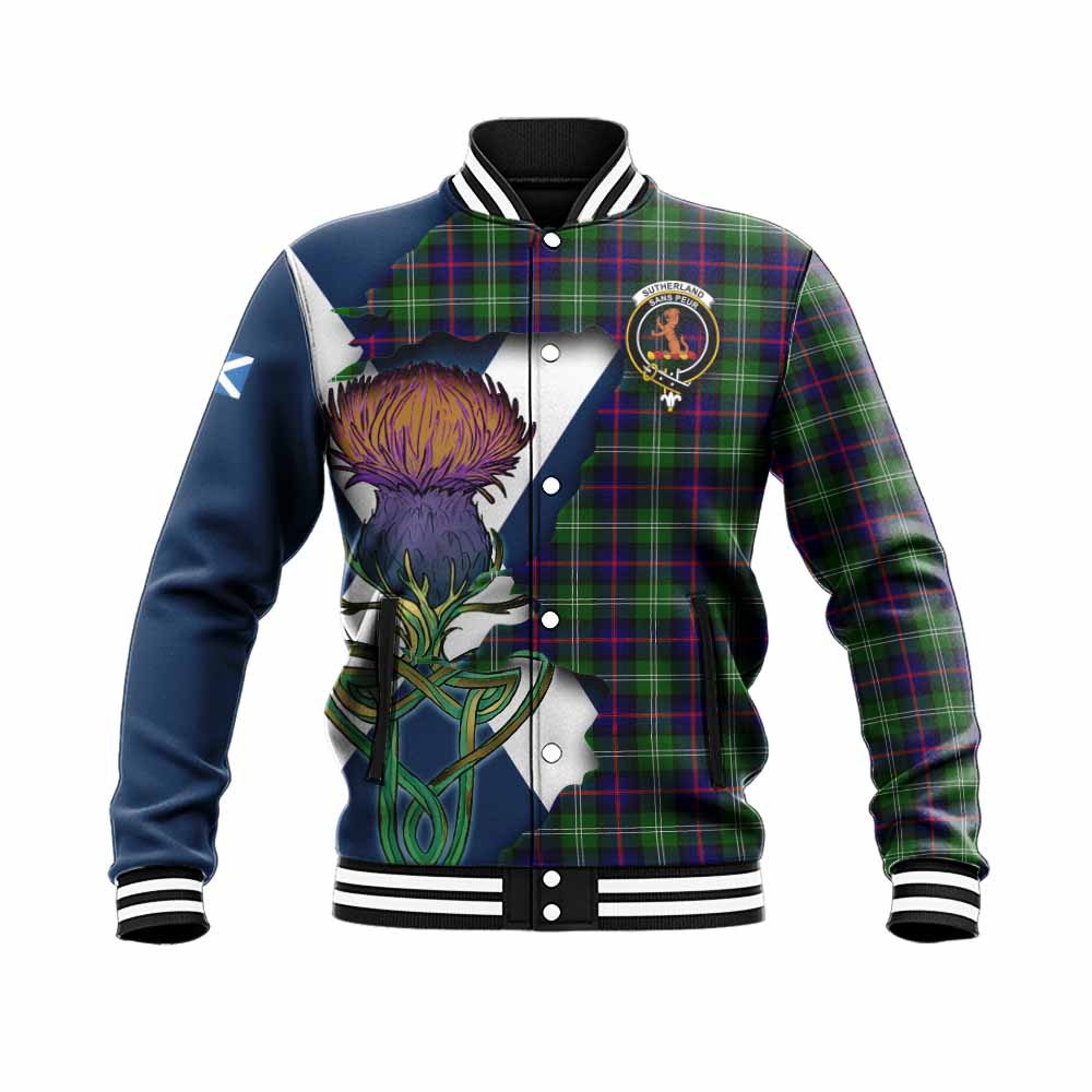 Sutherland Tartan Family Crest Baseball Jacket Scottish Thistle Celtic Inspired Unisex - Tartan Vibes Clothing