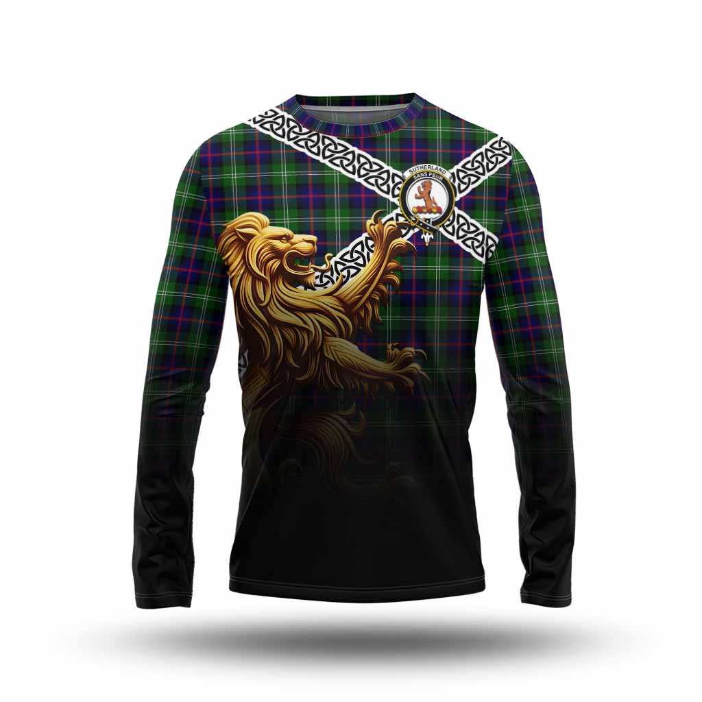 Tartan Vibes Clothing Sutherland Crest Tartan Long Sleeve T-Shirt with Golden Lion Emblem Celtic Style